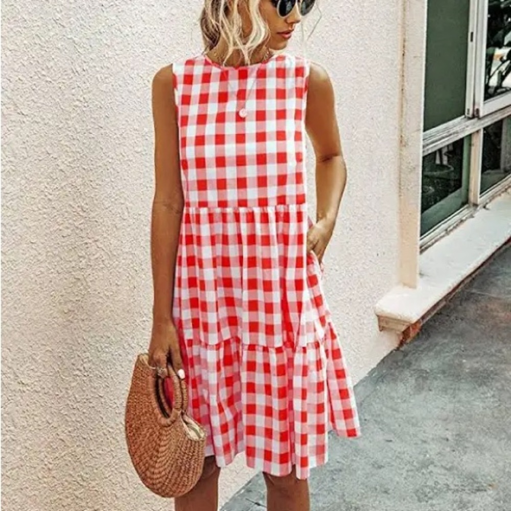 Pretty Garden Sleeveless Summer Dress NWT red white Buffalo plaid checked ruffle